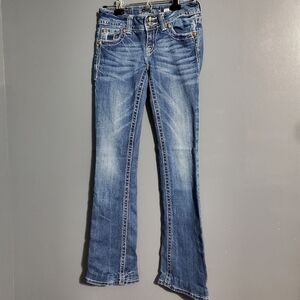 Miss Me Womens Jeans Classic Blue Boot Cut Jeans Distressed Rhinestone Size 26